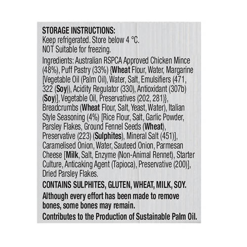 Ingredients 1, Italian Style RSPCA Approved Chicken Sausage Rolls 4 Pack 600g