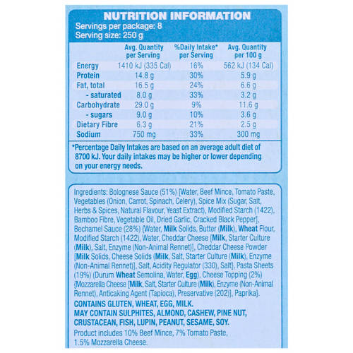 Nutrients 1, Beef Lasagne 2kg