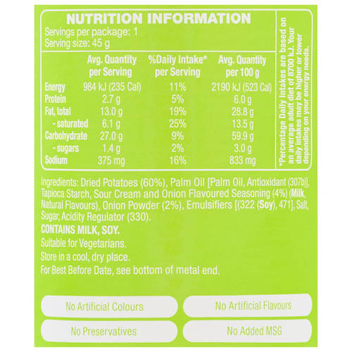 Nutrients 1, Snack Stack Chips Sour Cream & Onion Flavour 45g