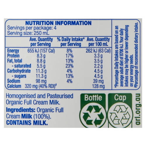 Nutrients 1, Organic Full Cream Milk 1L