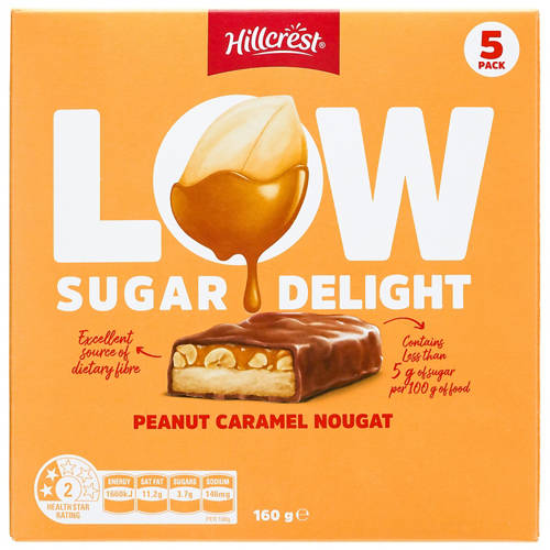 Front shot 2, Low Sugar Peanut Caramel Nougat Bars 5 Pack 160g