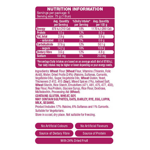 Nutrients 1, Fruit Hot Cross Buns 6 Pack 450g