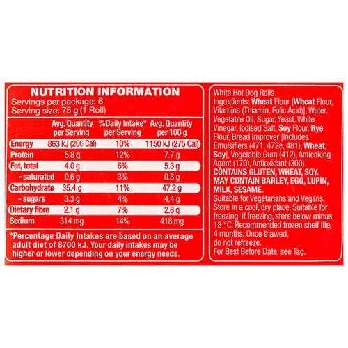 Nutrients 1, Hot Dog Rolls 6 Pack 450g