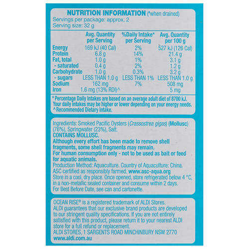 Nutrients 1, Smoked Oysters in Springwater 85g