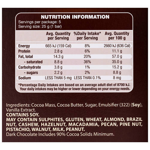 Nutrients 1, Finest Dark 90% Cocoa Chocolate 5 Pack 125g