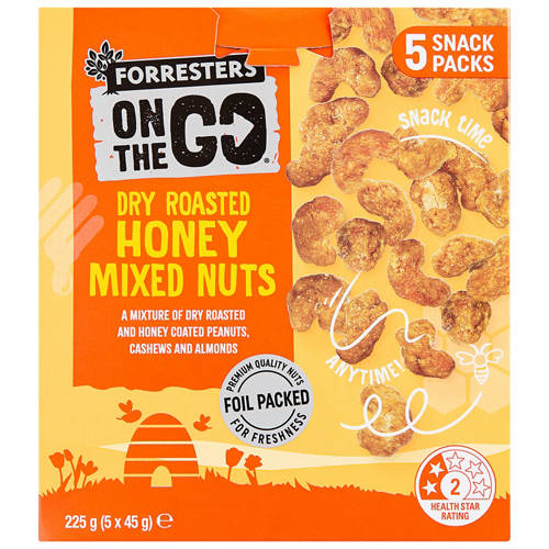 Front shot 3, On The Go Dry Roasted Honey Mixed Nuts 5 Pack 225g