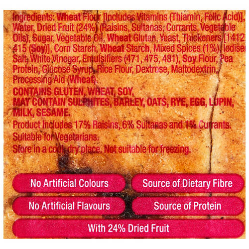 Ingredients 1, Fruit Hot Cross Buns 6 Pack 450g