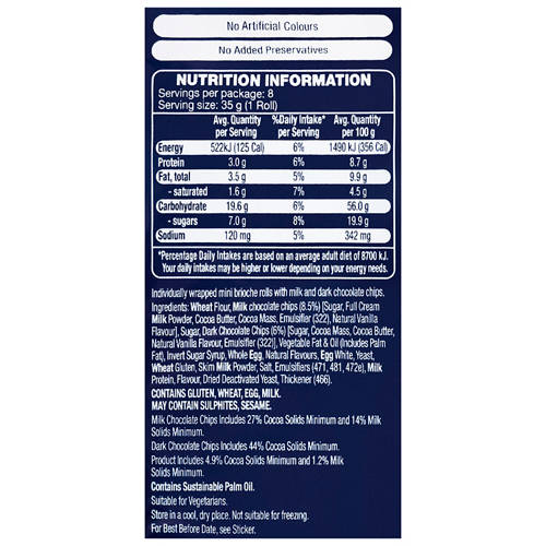 Nutrients 1, Chocolate Chip Brioche Milk Rolls 8 Pack 280g
