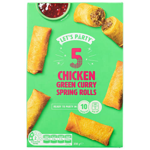 Front shot 2, Chicken Green Curry Spring Rolls 5 Pack 250g