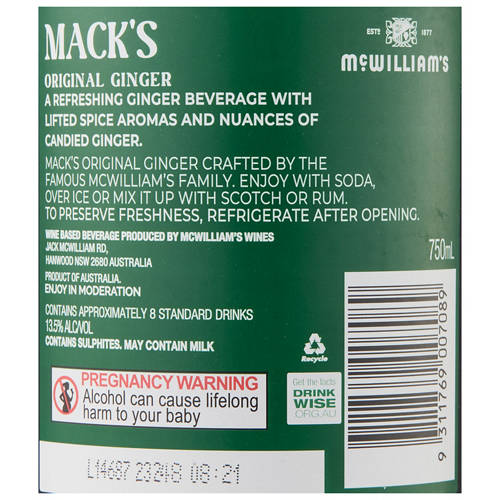 Front shot 3, Mack's Green Ginger Wine 750ml