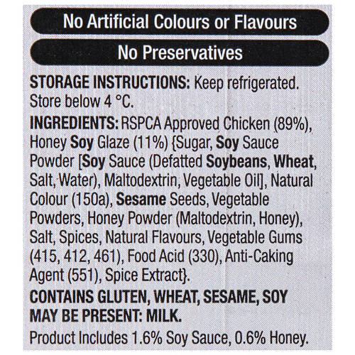 Ingredients 1, Honey Soy RSPCA Approved Chicken Kebabs 800g