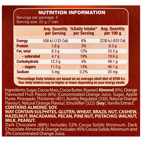 Nutrients 1, Dark Orange & Almond Chocolate Bars 5 Pack 125g