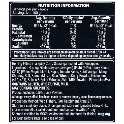 Ingredients 1, Herring Fillets In Curry & Pineapple Sauce 200g