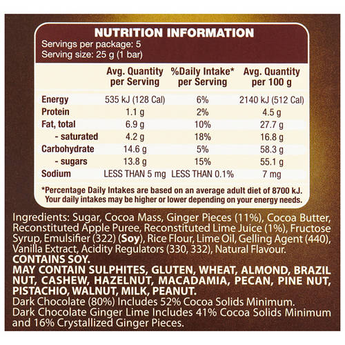 Nutrients 1, Finest Dark Ginger Lime Chocolate 5 Pack 125g