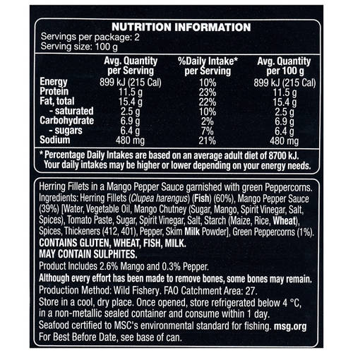 Ingredients 1, Herring Fillets in Mango Pepper Sauce 200g