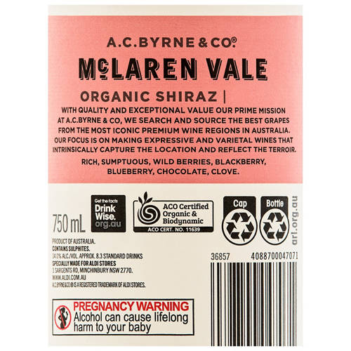 Nutrients 1, McLaren Vale Organic Shiraz 750ml