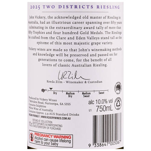 Front shot 3, Vickery Two Districts Clare Valley & Eden Valley Riesling 2025