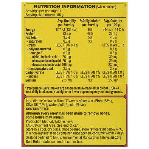 Nutrients 1, Yellowfin Tuna Slices Smoke Flavoured In Olive Oil 125g