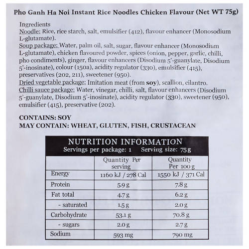 Ingredients 1, Pho Ganh Ha Noi Vietnamese Instant Traditional Chicken Rice Noodles 75g