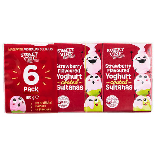 Front shot 2, Strawberry Flavoured Yoghurt Coated Sultanas 6 Pack 180g