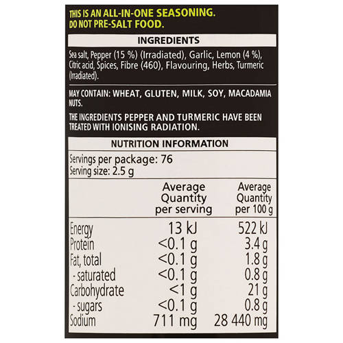 Ingredients 1, Lemon & Black Pepper Seasoning 190g