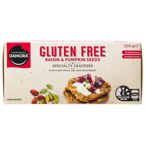 Front shot 3, Gluten Free Specialty Crackers Raisin and Pumpkin 100g