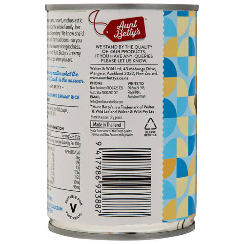 Front shot 3, Aunt Betty's Vanilla Creamy Rice 425g