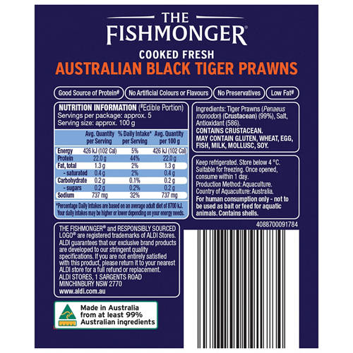 Front shot 2, Cooked Fresh Australian Black Tiger Prawns 1kg