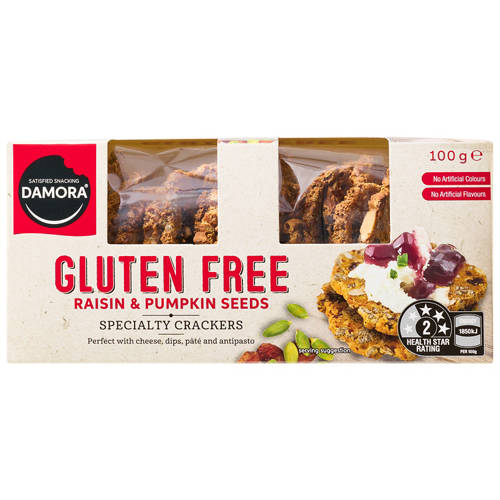 Front shot 2, Gluten Free Specialty Crackers Raisin and Pumpkin 100g