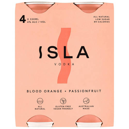 Front shot 2, Isla Vodka Blood Orange & Passionfruit 4 Pack 330ml