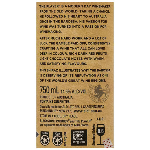 Ingredients 1, The Player Barossa Shiraz 750ml