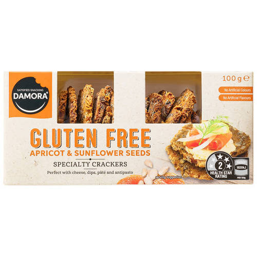 Front shot 2, Specialty Cracker Gluten Free Apricot & Sunflower Seed 100g