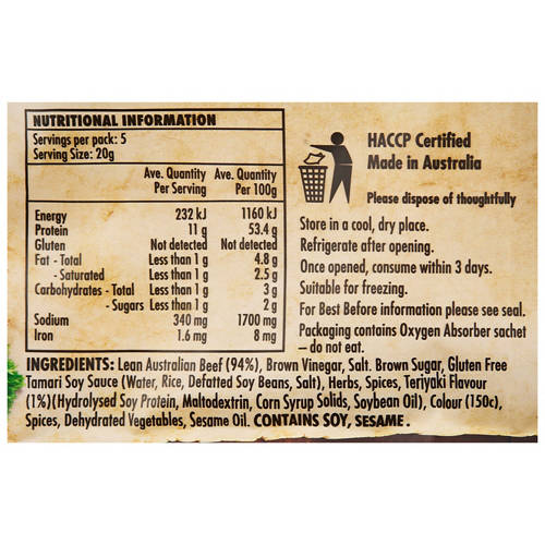 Nutrients 1, Teriyaki Cured and Air Dried Beef Slices 100g