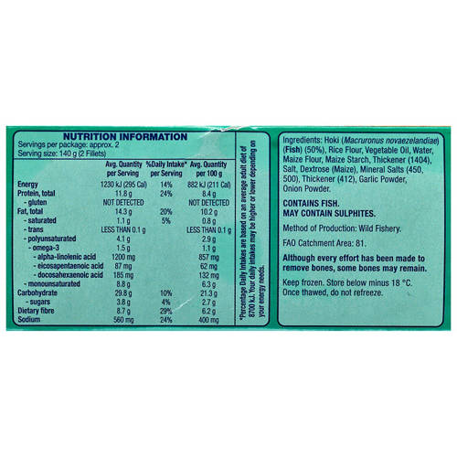 Ingredients 1, Gluten Free Crumbed Hoki Fillets 280g