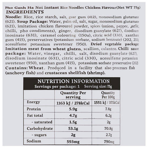 Nutrients 1, Pho Ganh Ha Noi Vietnamese Instant Traditional Chicken Rice Noodles 75g