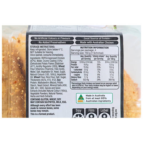 Ingredients 1, Chicken Breast Schnitzel Crunchy Homestyle 4 Pack 600g