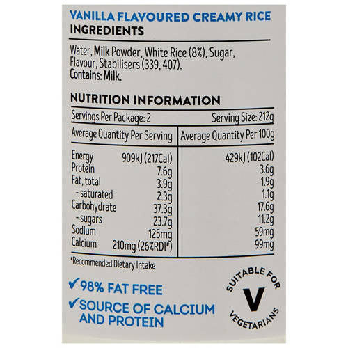 Nutrients 1, Aunt Betty's Vanilla Creamy Rice 425g