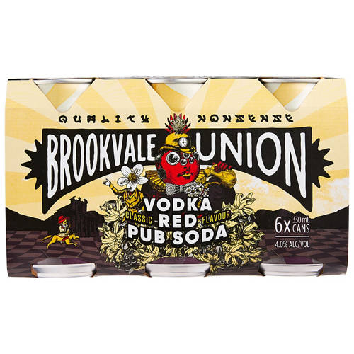 Front shot 2, Brookvale Union Vodka Red Pub Soda Cans 6pk