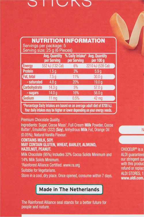 Nutrients 1, Fine Chocolate Sticks Milk Orange 125g