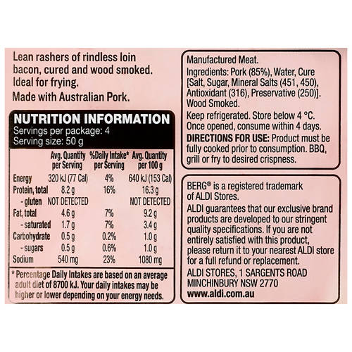 Nutrients 1, Australian Short Cut Bacon 200g
