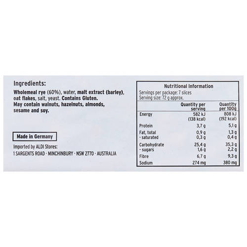 Nutrients 1, German Soft Dark Rye Bread 500g