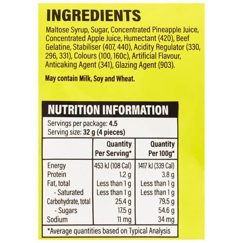 Ingredients 1, Fruit Splitz Peelable Gummy Pineapple 144g