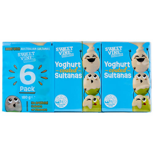Front shot 2, Yogurt Coated Sultanas 6 Pack 180g