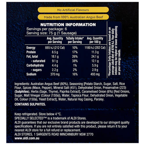 Nutrients 1, Angus Beef & Caramelised Onion Sausages 450g