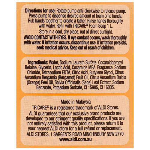 Ingredients 1, Antibacterial Foaming Hand Wash 250mL