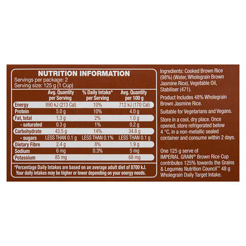 Nutrients 1, Microwave Brown Rice Cups 2 pack (2 x 125g) 250g