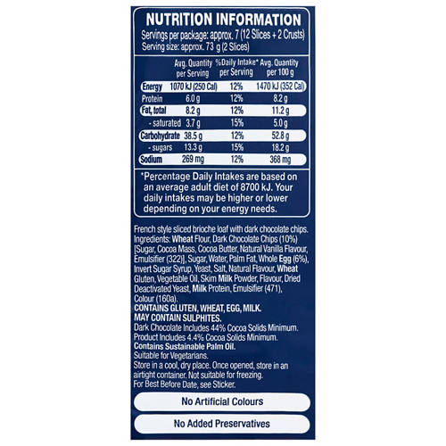 Nutrients 1, Chocolate Chip Brioche Sliced Loaf 500g