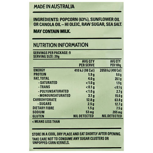 Nutrients 1, Natural Popcorn Lightly Salted Slightly Sweet 180g