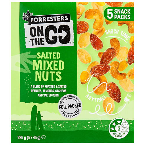Front shot 2, On The Go Salted Mixed Nuts 5 Pack 225g