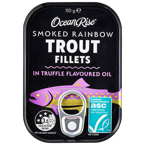 Front shot 2, Smoked Rainbow Trout Fillets in Truffle Flavoured Oil 110g